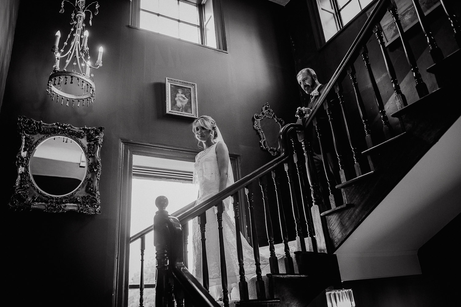 bride walking down the stairs at Boyne hill house