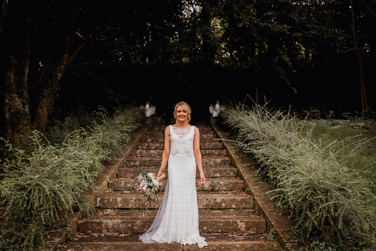 bride standing on the steps at Boyne Hill House