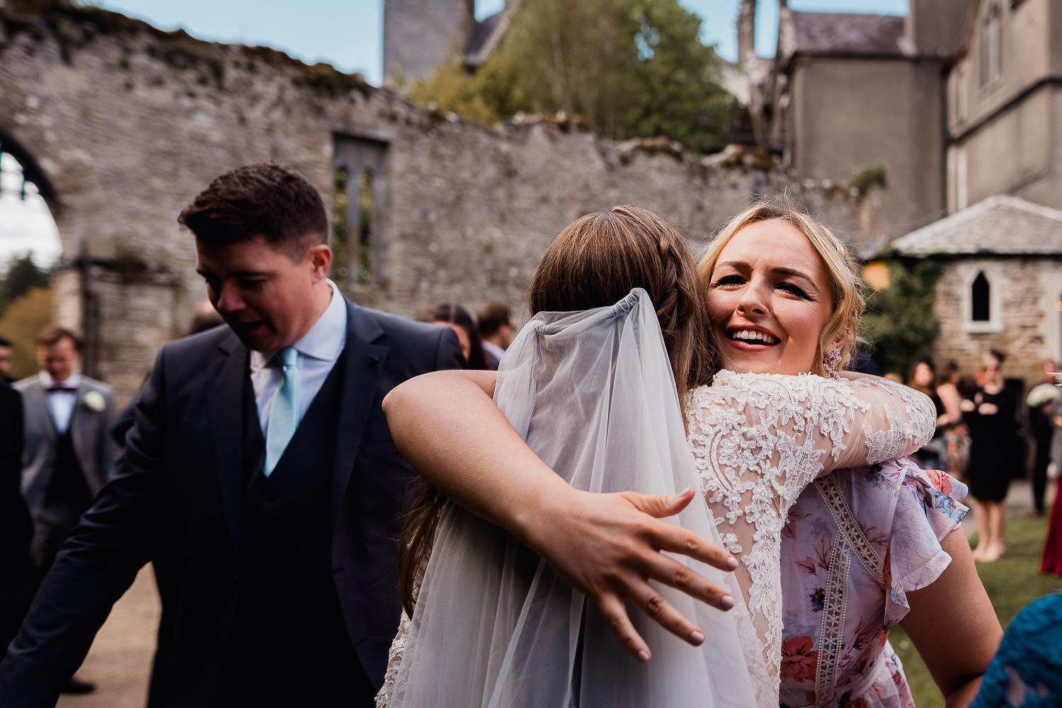 bride hugging wedding guests at Kinnitty Castle