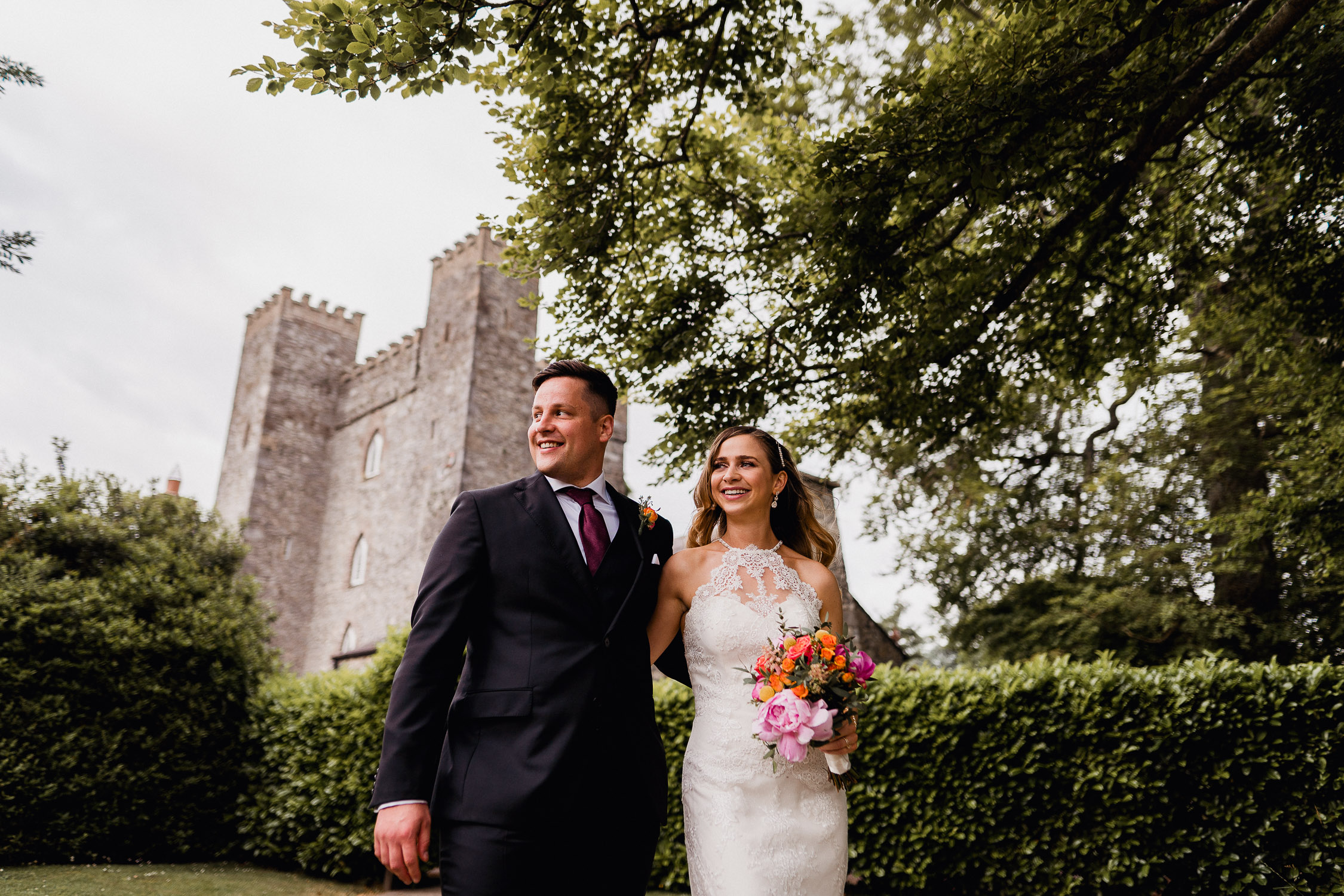 bride and groom waling in Barberstown Castle