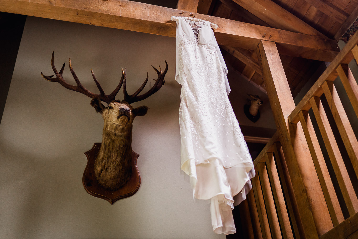 wedding dress hanging from a beam beside a stags head