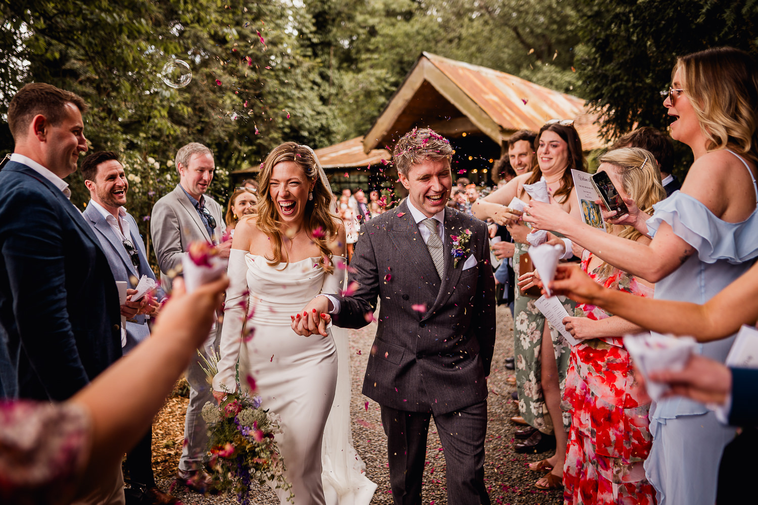 wedding confetti throw at Martinstown House